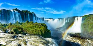 Iguazú Falls or Iguaçu Falls.  The falls are shared by the Iguazú National Park (Argentina) and Iguaçu National Park (Brazil). The beautiful ecological park. Nature and beauty.