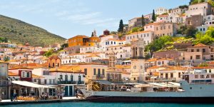 CN8MFC View to the port of Hydra island Greece and architecture of the island